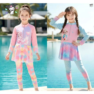(10-42kg dưới 1m55) Đồ bơi, bikini 2 mảnh áo tay dài liền váy phối quần dài kèm nón cho bé gái diện đi biển, đi bơi