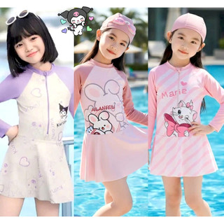 (10-42kg dưới 1m45) Đồ bơi, bikini liền thân tay dài kèm váy rời hoạ tiết đáng yêu cho bé gái diện đi biển, đi bơi