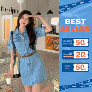 [Tặng thắt lưng] Váy Jean nữ, đầm Denim tay ngắn dáng chữ A, đầm nữ kèm dây đai bó eo D1