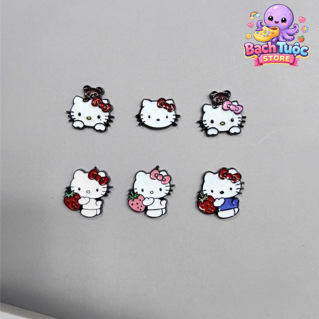 Set Charm Hello Kitty & Dâu Tây Cute – Kitty Nơ Đỏ Nơ Hồng Ôm Dâu, Charm Gắn Dép DIY Ngộ Nghĩnh