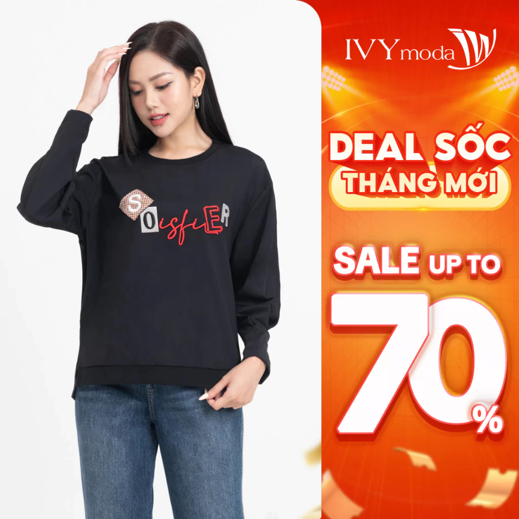 Áo thun nữ tay dài họa tiết in chữ, áo thun nữ dáng suông IVY moda MS 58B9470