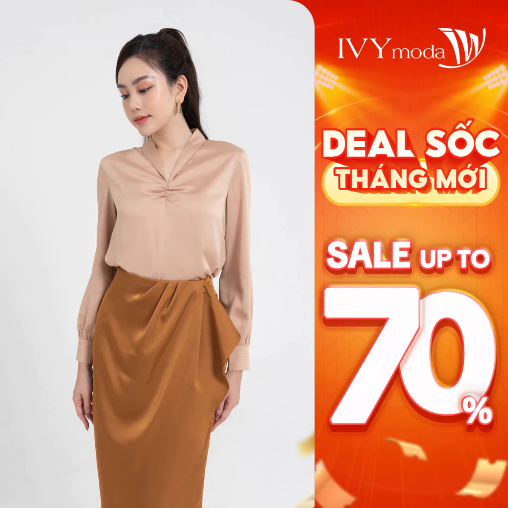 Áo lụa cổ V nữ may nhúm ngực IVY moda MS 17M8063