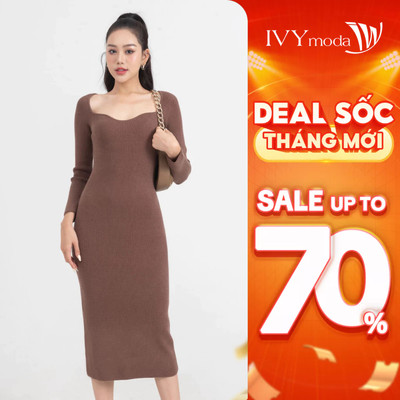 Đầm len cổ cách điệu nữ, đầm len ôm body dáng dài IVY moda MS 42M7837