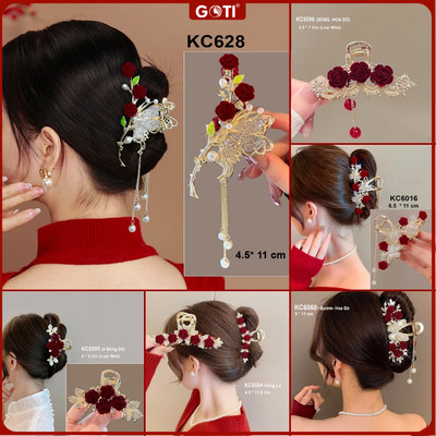 GOTI Kẹp Tóc Răng Cho Nữ Hoa Đỏ Viền Hạt Đá Phối Bó Hoa Hồng Dự Tiệc Sang Chảnh 20/10 8/3 KC639