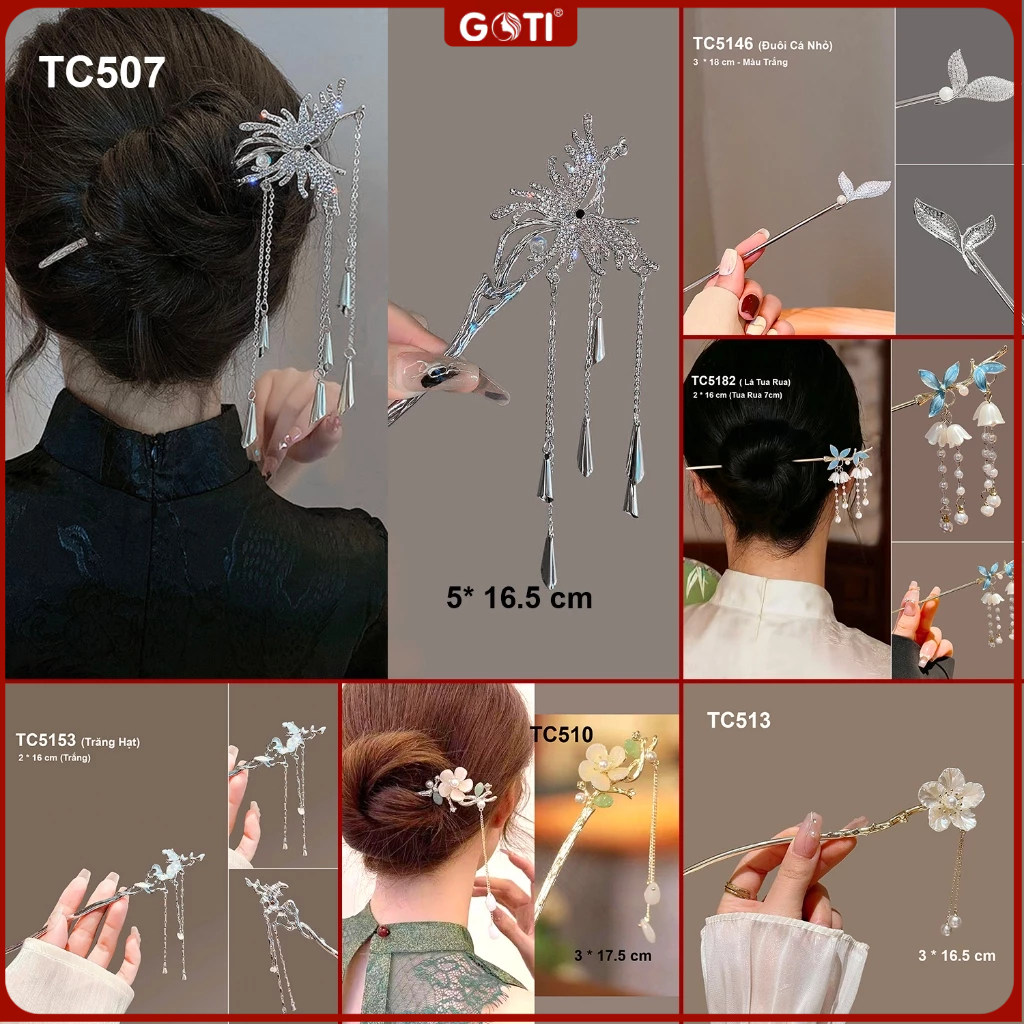GOTI Trâm Cài Phong Cách Cổ Trang Dành Cho Nữ Hiện Đại -Trâm Búi Tóc Tết Hoa Đỏ Sang Trọng TC528