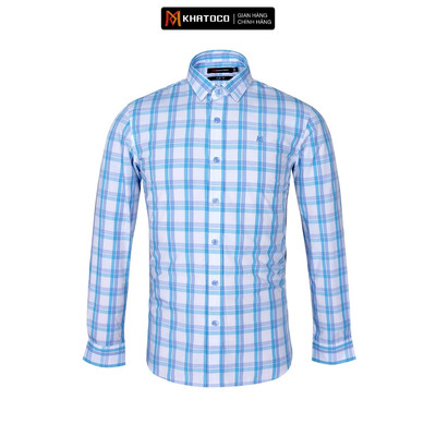 Áo sơ mi nam KHATOCO tay dài form Slim Fit caro xanh mã A1MD468S1-CNCR064-2408-D