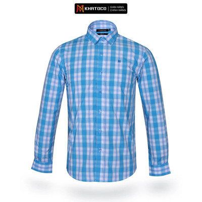 Áo sơ mi nam KHATOCO tay dài form Slim Fit caro xanh mã A1MD468S1-CNCR063-2408-D