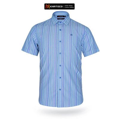 Áo sơ mi nam KHATOCO tay ngắn form Slim Fit sọc xanh mã A1MN438S1-CNSC226-2411-N