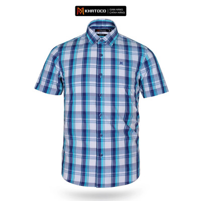 Áo sơ mi nam KHATOCO tay ngắn form Slim Fit caro xanh mã A1MN468S1-CNCR224-2411-N