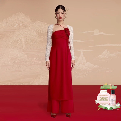RECHIC Áo Dài Uyển Như cổ vuông tay dài đính nơ ngực dịu dàng tinh tế