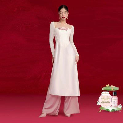 RECHIC Áo Dài Linh Lan cổ vuông phối nơ ngực chiết eo sang trọng thanh lịch