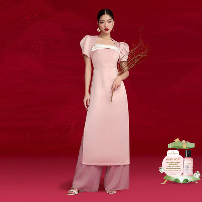 RECHIC Áo Dài Đan Thanh tay phồng phối nơ ngực cổ vuông sang trọng (KHÔNG KÈM QUẦN)