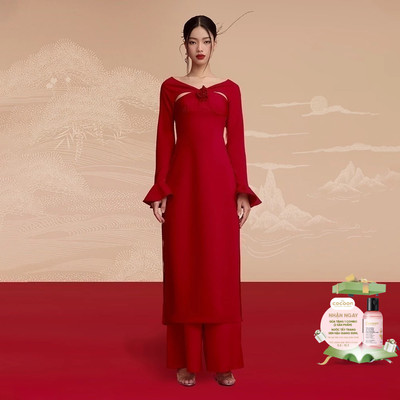 RECHIC Áo Dài An Chi nhấn nơ ngực khoét cổ tay loe sang trọng dịu dàng (KHÔNG KÈM QUẦN)