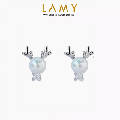 [BST Tiny Happiness] Khuyên tai bạc nữ LAMY Pearl Reindeer tuần lộc ngọc trai Earrings Silver 3324