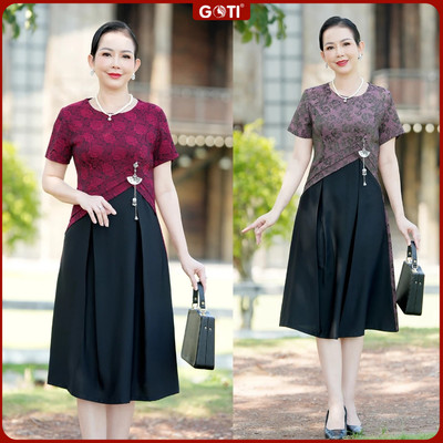 GOTI Đầm Trung Niên Dáng Dài Xoè Rộng In Hoa Đính Hạt Eo Kiểu Thiết Kế Dự Tiệc Sang Trọng 3414