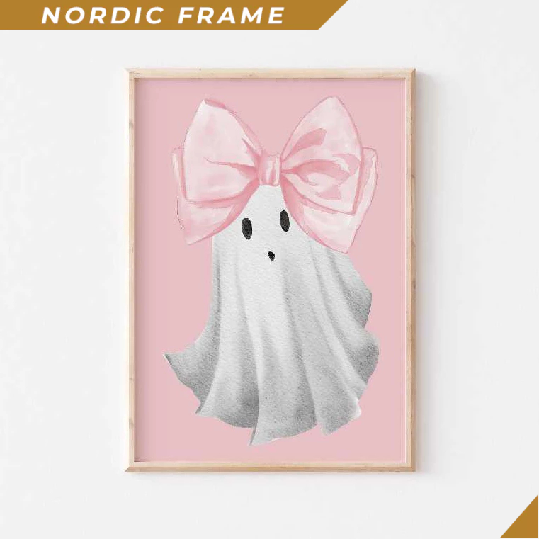 Tranh treo tường, Pink Bow Ghost Wall Art, Preppy Halloween Printable Art, Coquette Halloween Art, C