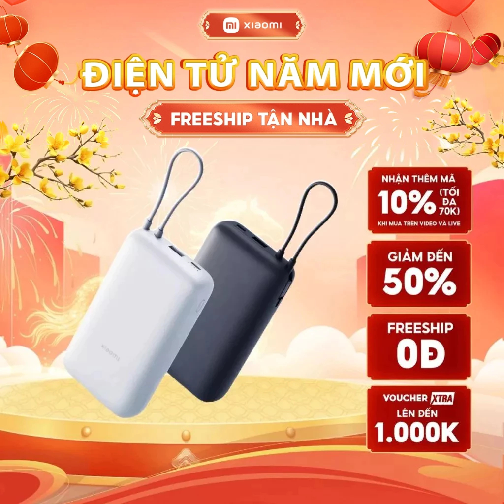 Sạc Dự Phòng Xiaomi Power Bank 20000mAh (Integrated Cable) TH | Sạc Nhanh | Bảo Hành 12 Tháng
