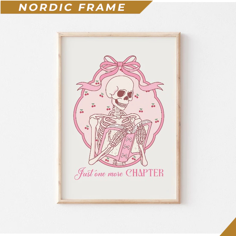 Tranh treo tường, Pink Coquette Skeleton, Just One More Chapter, Bookish Prints, Book Lover Printabl