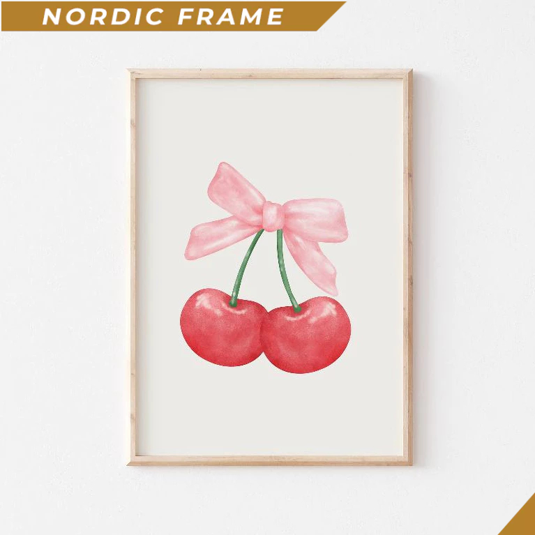 Tranh treo tường, Pink Bow Cherry Print, Coquette Aesthetic Wall Art, Red and Pink Girly Poster, Pin