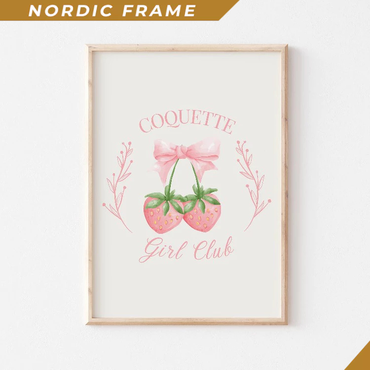 Tranh treo tường, Blush Pink Coquette Decor, Coquette Girls Club, Strawberry Bow Print, Soft Girl Ae