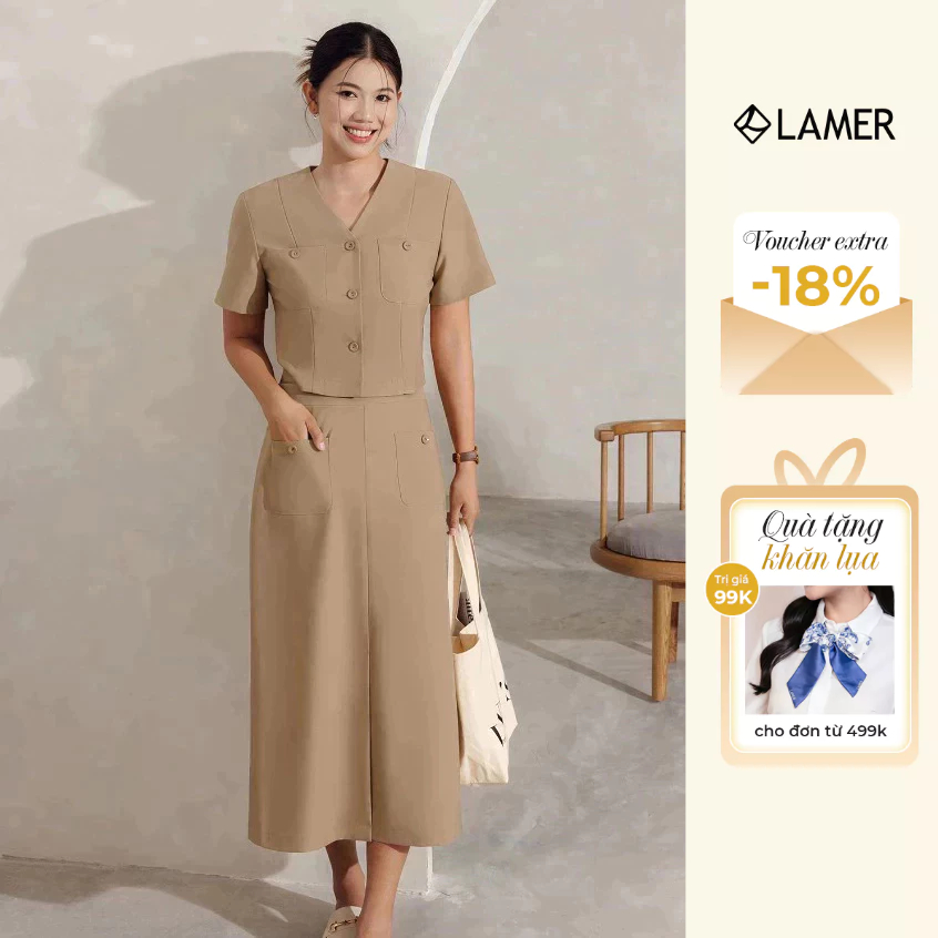 Áo Sơ Mi Croptop Cổ Tim Phối Cùng Chân Váy Dáng Dài, Set Đồ Công Sở Thanh Lịch VIEN TRAN  V65D24H005