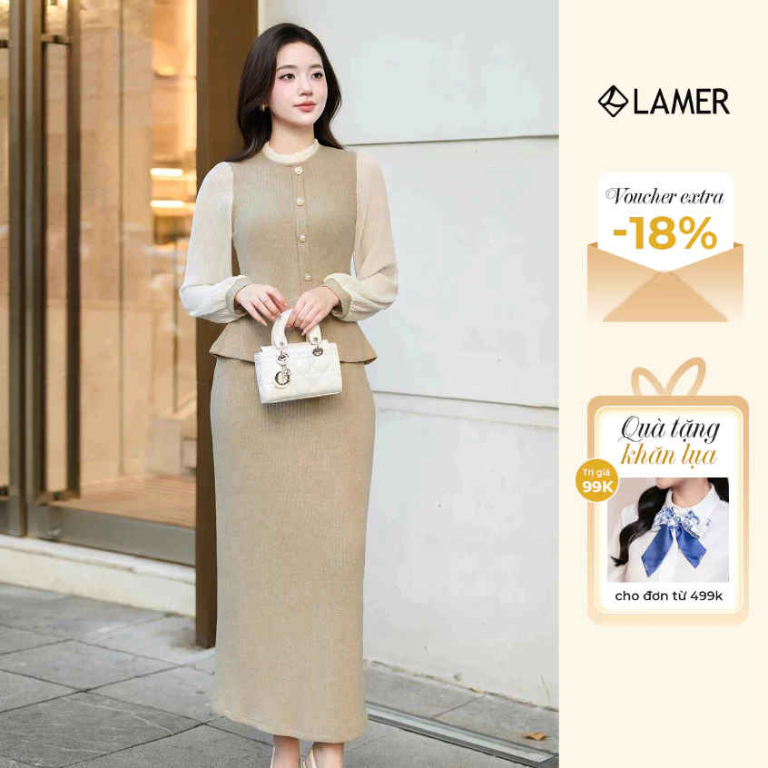 Áo Len Thun Dáng Peplum Phối Chân Váy Len Dáng Dài Xẻ Sau L61B24T009 L62M24T004