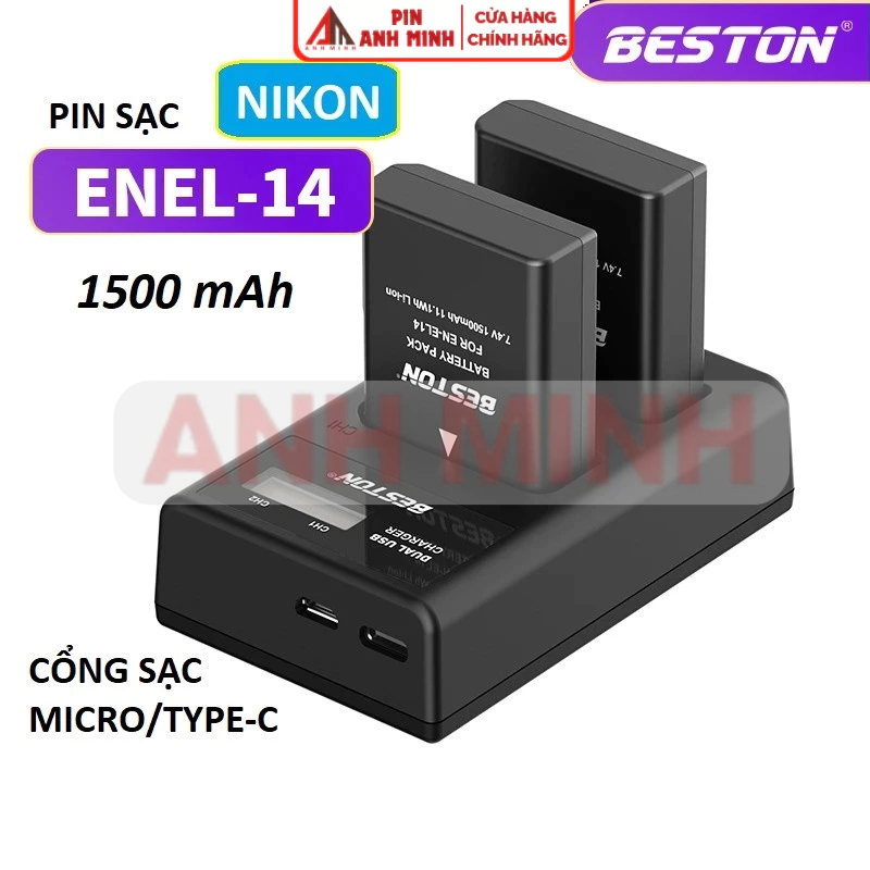 Pin EN-EL14 1500mAh và Sạc Beston cho Nikon D3100, D3200, D3300, D3400, D5100, D5200, D5300, D5500, 