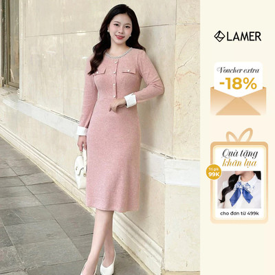 Đầm A Dáng Ôm Cổ Tròn Đính Đa Đầm Len Tăm Thỏ LAMER L63F25T005