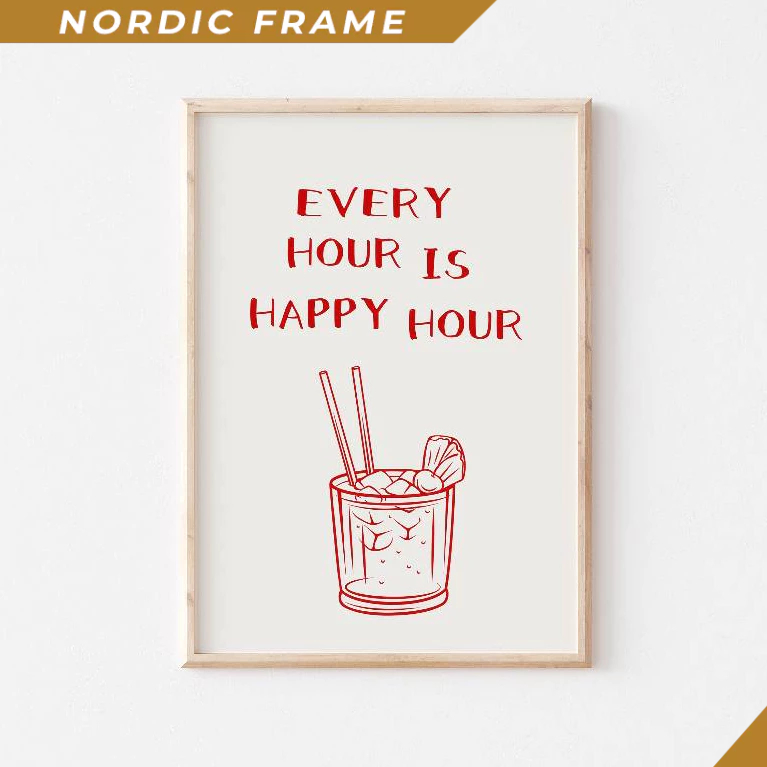 Tranh Treo Tường, Every Hour is Happy Hour Print, Modern Bar Cart Wall Art, Retro Drinks Poster, Aes