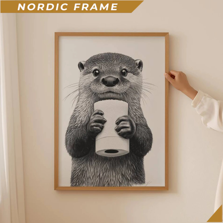 Tranh treo tường, Otter Lover Poster– Trendy Otter with Toilet Paper Wall Art, Funky Aesthetic Bathr