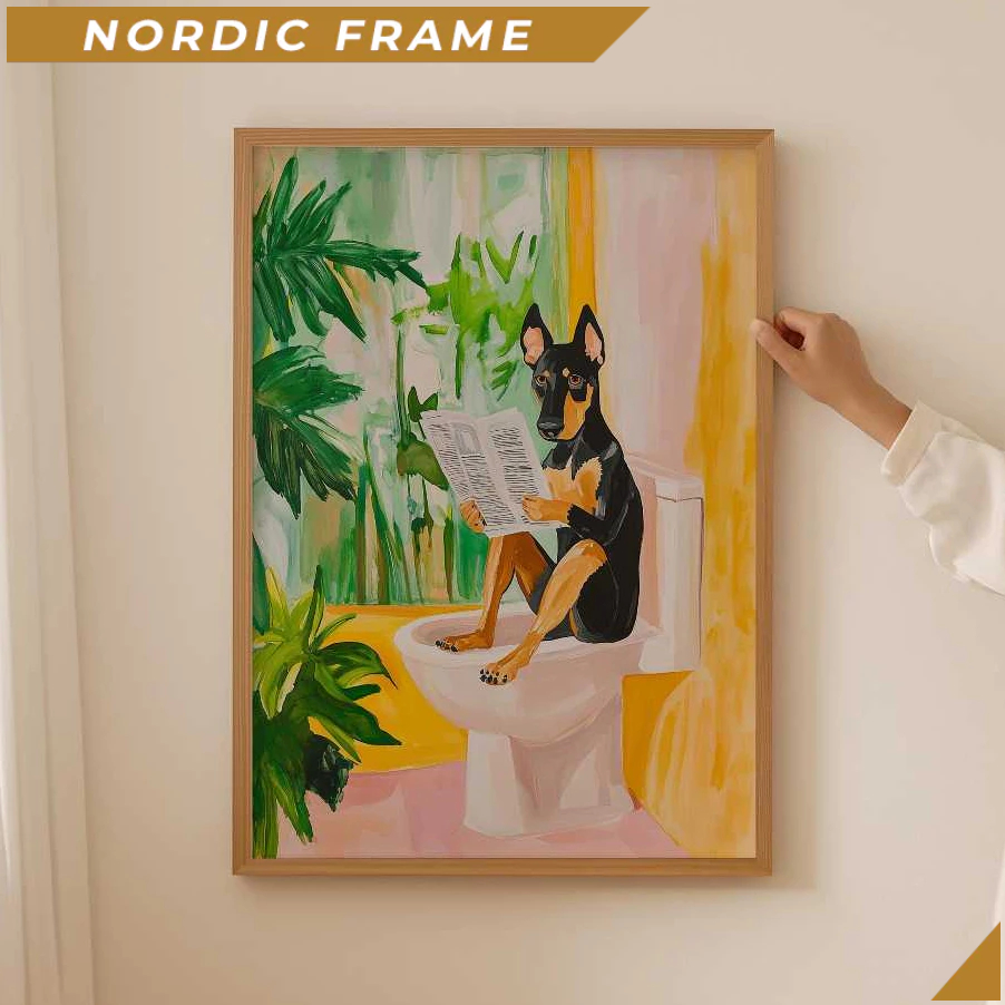 Tranh treo tường, Doberman bathroom poster– Funky Aesthetic Bathroom decor, Colorful dog Print, Funn