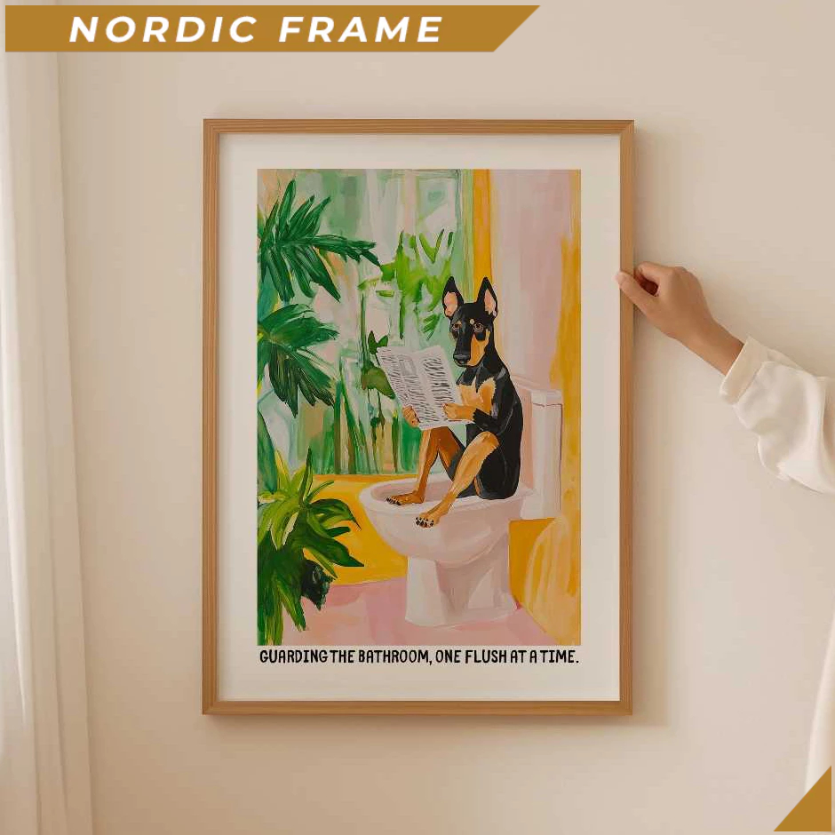 Tranh treo tường, Doberman bathroom Poster– Funky Aesthetic Bathroom decor, Colorful dog Print, Funn
