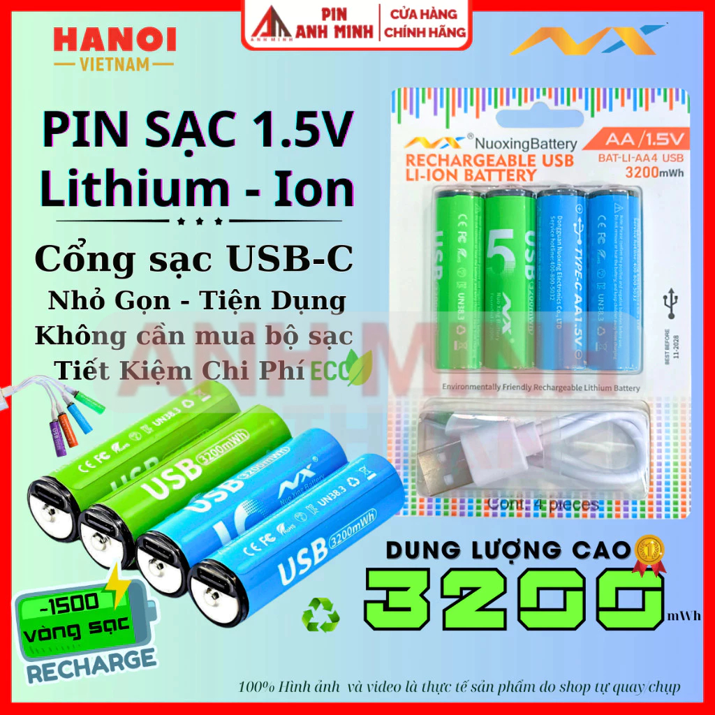 Pin sạc AA / AAA 1.5 type-C sạc nhanh dung lượng cao 3200mWh dùng 10năm - trên 1200lần