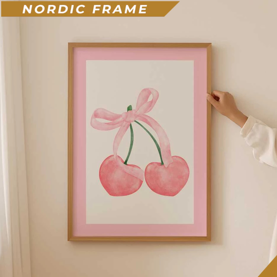 Tranh treo tường, Cherry Poster- Cute Bow Print for Aesthetic Coquette room decor, Pink Trendy Wall 