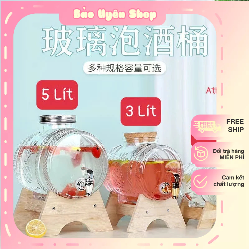 Bình Thuỷ Tinh Đựng Nước Có Vòi Tặng Kèm Chân Gỗ Dung Tích 1L , 3L , 5L , Bình Thuỷ Tinh Ngâm Rượu B
