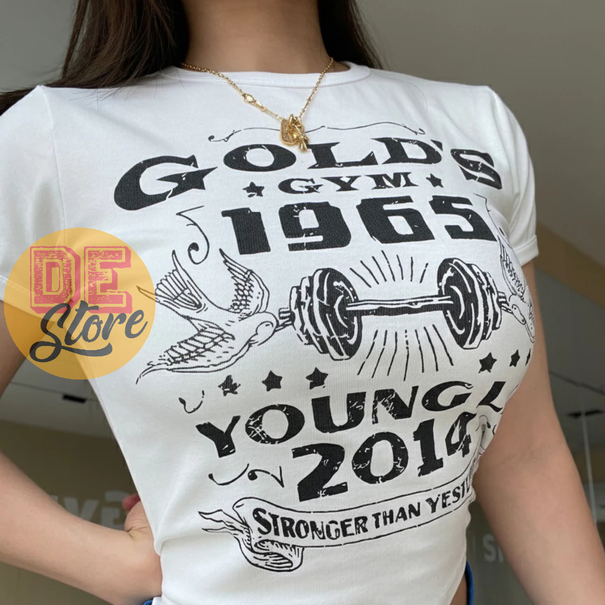 Áo gym nữ YOUNGLA GOLD'S GYM croptop ôm body tôn dáng chất vải cotton 100% cao cấp co giãn 4 chiều