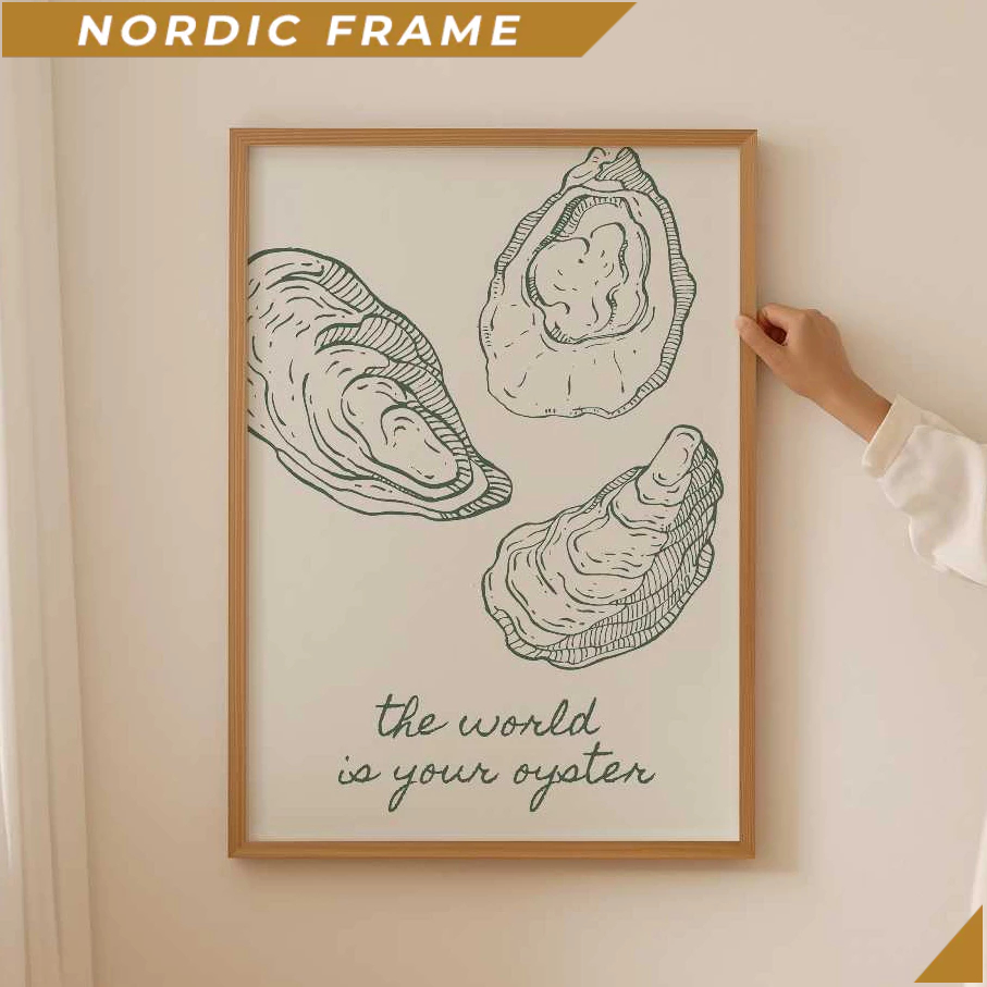 Tranh treo tường, World Is Your Oyster Print, Retro Oysters Poster, Sage Green Kitchen Wall Art, Res