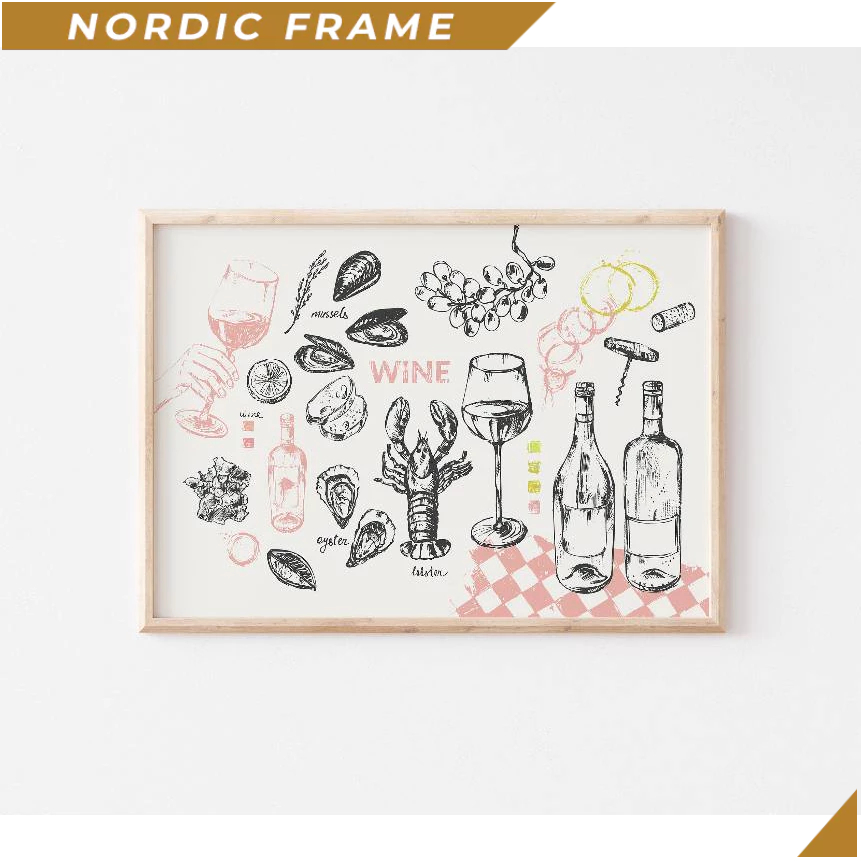 Tranh treo tường, Wine & Sea Food Sketch Print, Wine Oysters Fish Crab Lobster Poster, Aesthetic Din