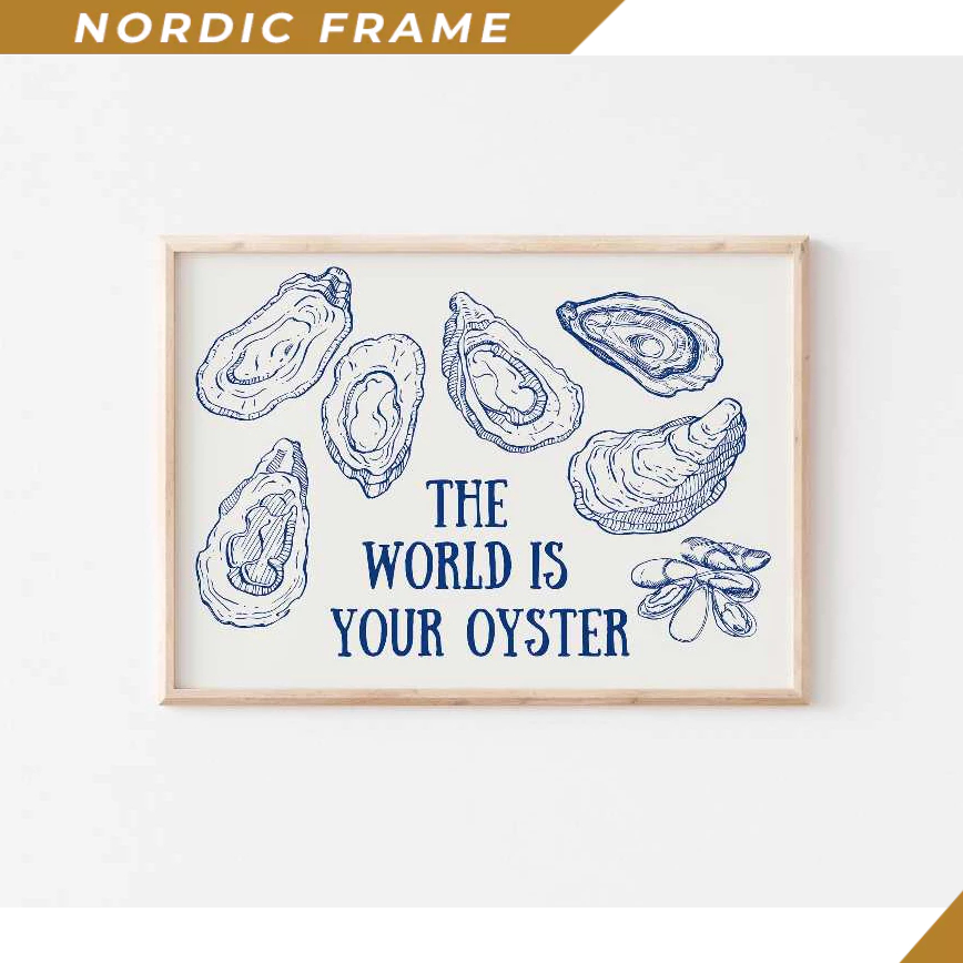 Tranh treo tường, The World Is Your Oyster Print, Retro Oysters Poster, Blue Kitchen Horizontal Wall