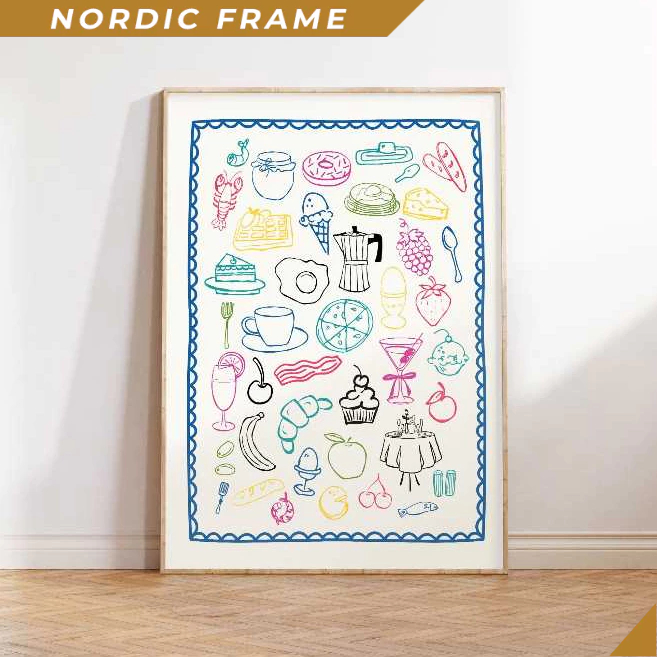 Tranh treo tường, Retro Dinner Table Print, Maximalist Kitchen Wall Art, Food and Drinks Illustratio