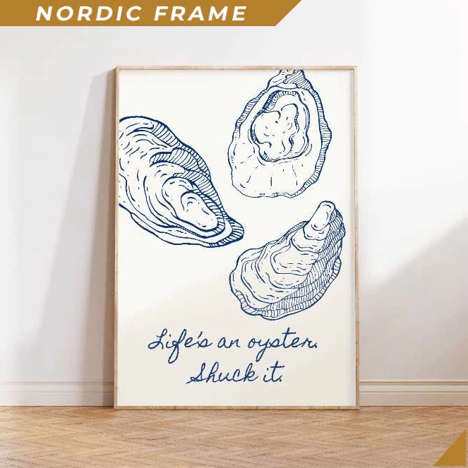 Tranh treo tường, Life Is Your Oyster Shuck It Print, Retro Oysters Poster, Blue Kitchen Wall Art, R