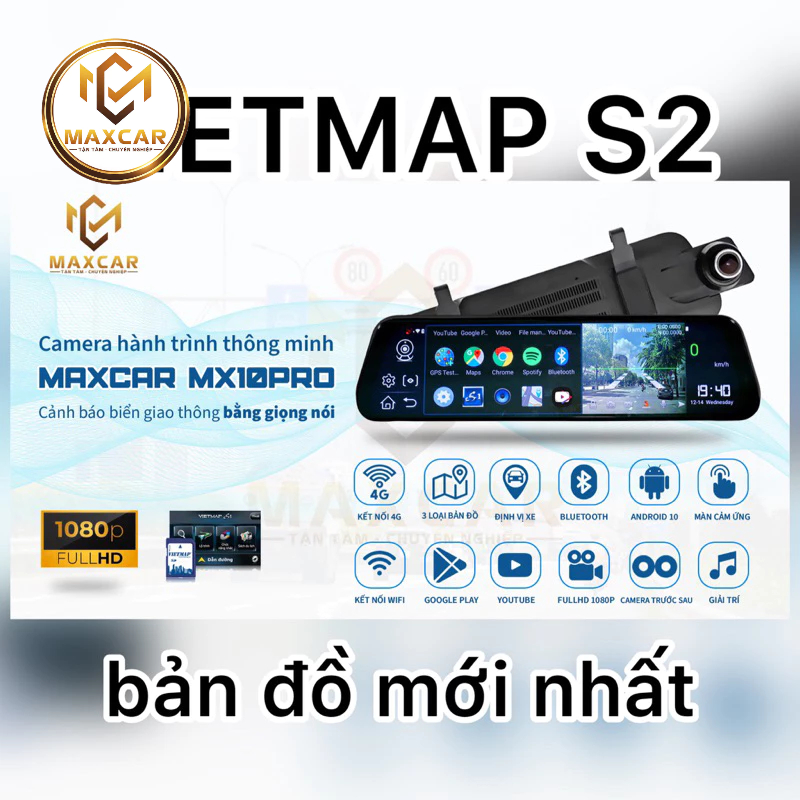 CAMERA HÀNH TRÌNH GƯƠNG MX10 PRO CẢNH BÁO DẪN ĐƯỜNG VIETMAP S2  chính hãng  MAXCAR