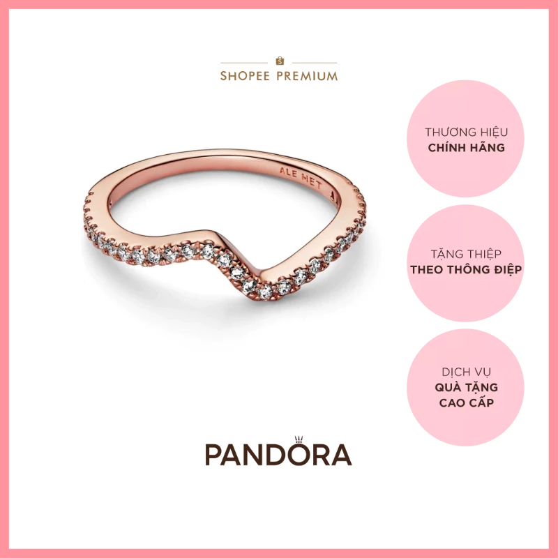 [CHÍNH HÃNG]Nhẫn Pandora Timeless Mạ Vàng Hồng 14k Gợn Sóng Đính Đá
