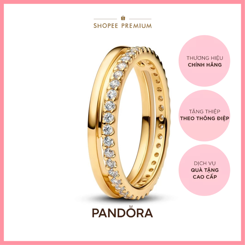 [CHÍNH HÃNG]Nhẫn Pandora Timeless Mạ Vàng 14K Hai Vòng Đính Đá Tinh Tế