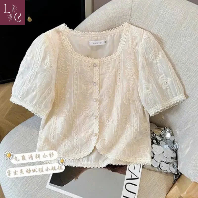 Áo sơ mi Lena họa tiết dáng ngắn , Áo kiểu tay phồng phong cách tiểu thư - S07