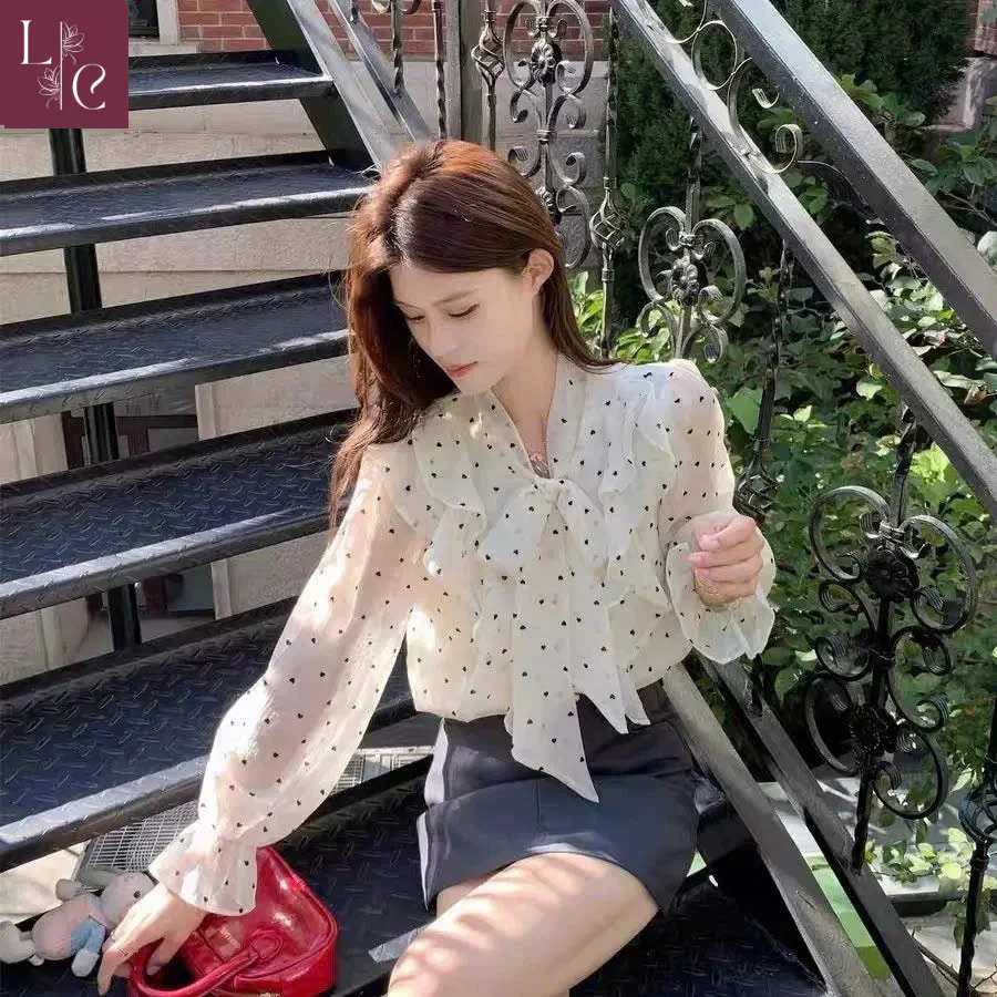 [S22] Sơ mi bèo  Lena họa tiết chấm bi, Áo sơ mi cách điệu có ruy buộc nơ công sở