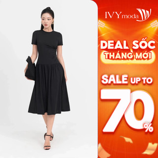 Đầm thun ôm tạo kiểu, Đầm nữ cổ tròn xếp ly hiện đại IVY moda MS 42T0237