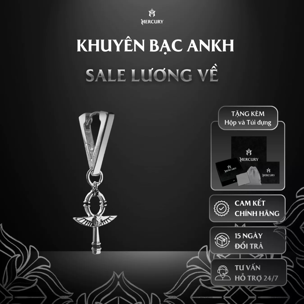 Khuyên tai Bạc nam, nữ 925 Mercury Ankh -Trang sức Bạc 925 - Thiết kế họa tiết thần thoại Ai Cập