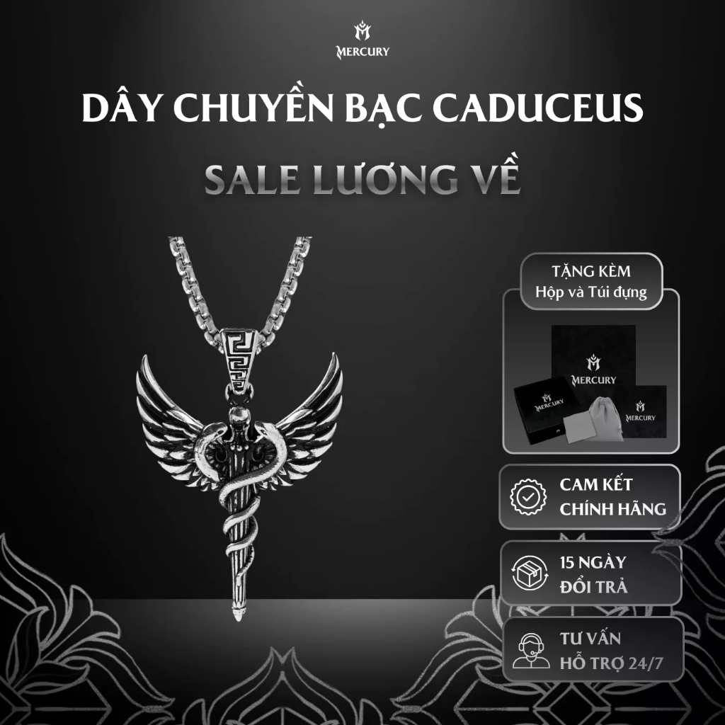 Dây chuyền Bạc nam nữ 925 Caduceus -Trang sức bạc 925 M MERCURY ACCESSORIES- Họa tiết thần thoại