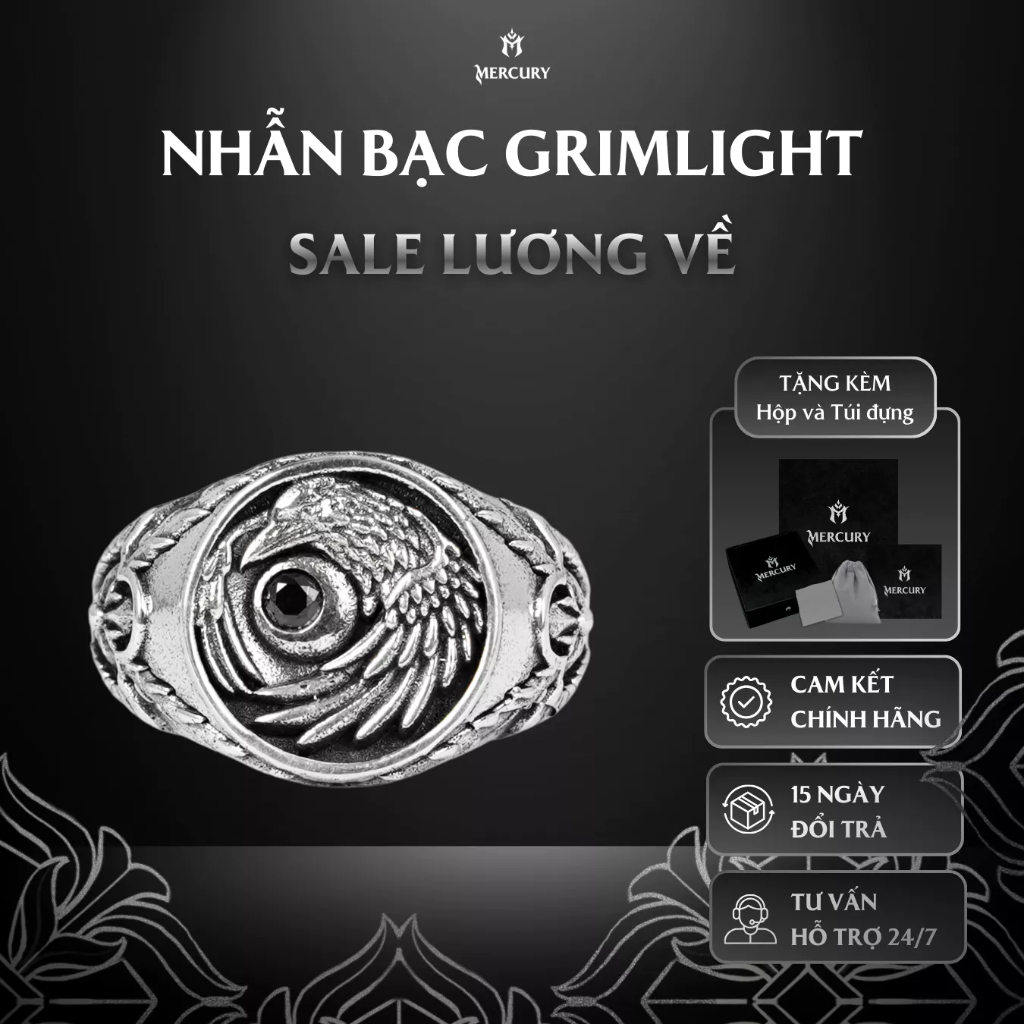 Nhẫn Bạc nam,nữ 925 Mercury Grimlight - Trang sức Bạc 925 cao cấp-Thiết kế độc quyền bởi Mercury